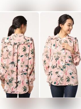 Kate Spade Pink Swamped Botanical Floral Button Pink Ruffle Blouse Top XS
